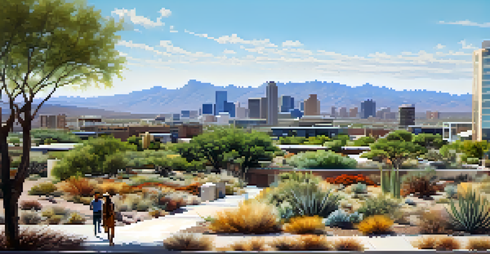 A peaceful urban park in Arizona with native plants and modern buildings in the background, illustrating the balance between nature and city life.