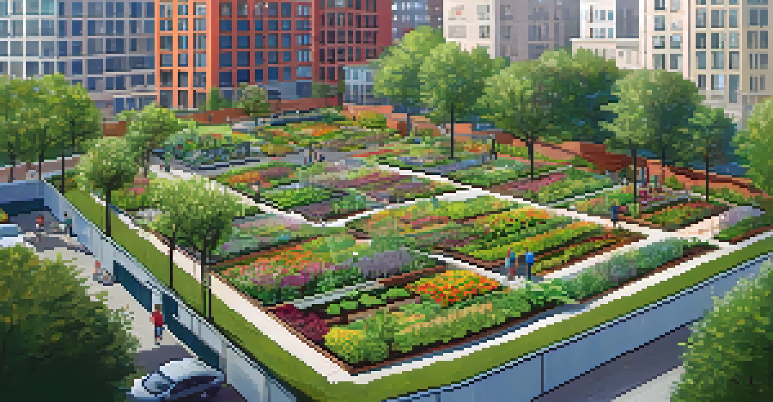 An aerial view of a community garden in an urban area, showcasing organized plots and people engaging in gardening.