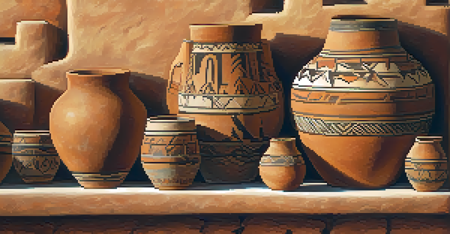 A close-up of traditional Ancestral Puebloan pottery with intricate designs against a textured adobe wall, illuminated by soft natural light.