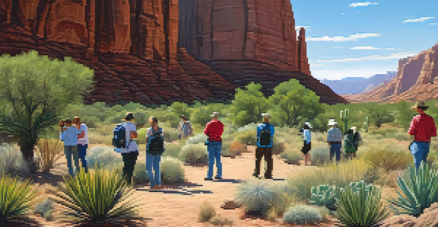 People on a nature walk in Arizona, identifying native plants with field guides and smartphones in a lush desert setting.