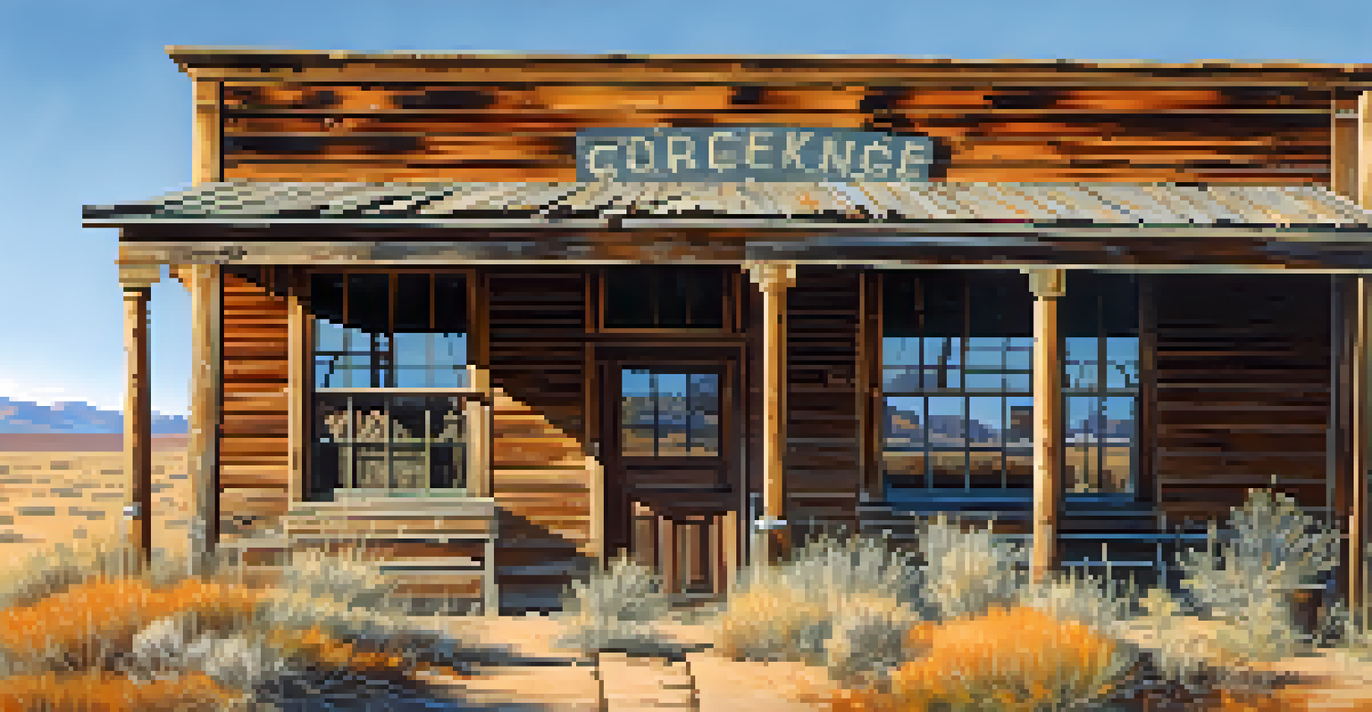 An up-close view of an abandoned saloon in a ghost town, showcasing peeling paint and broken windows with sunlight filtering through.
