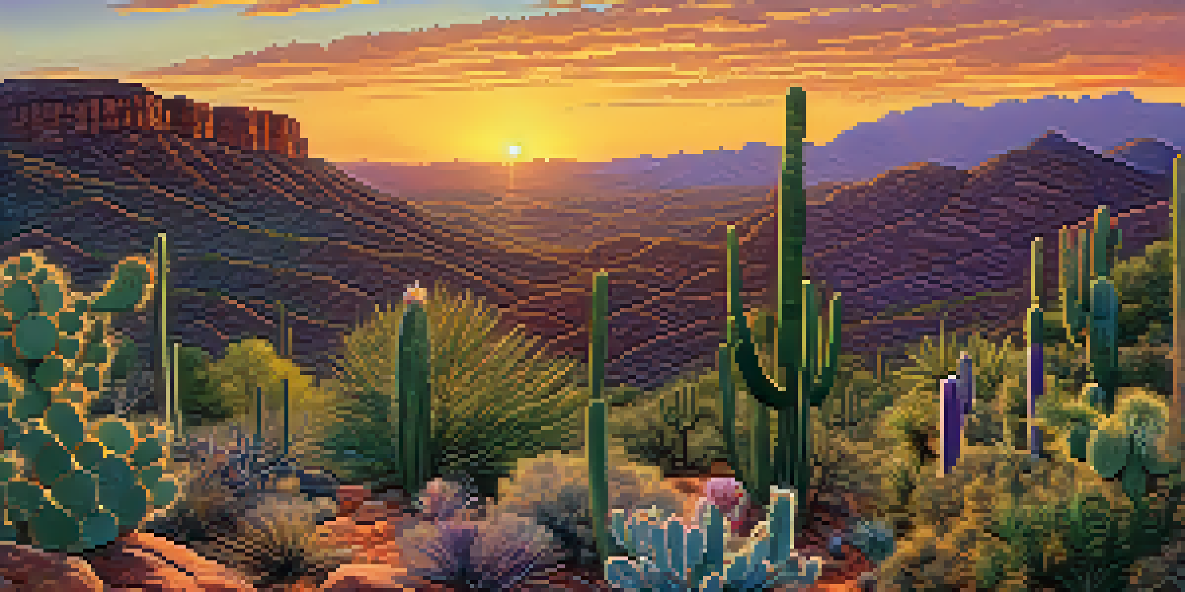 A wide view of Tonto National Forest with desert cacti in the front, pine trees in the back, and a colorful sunset sky.