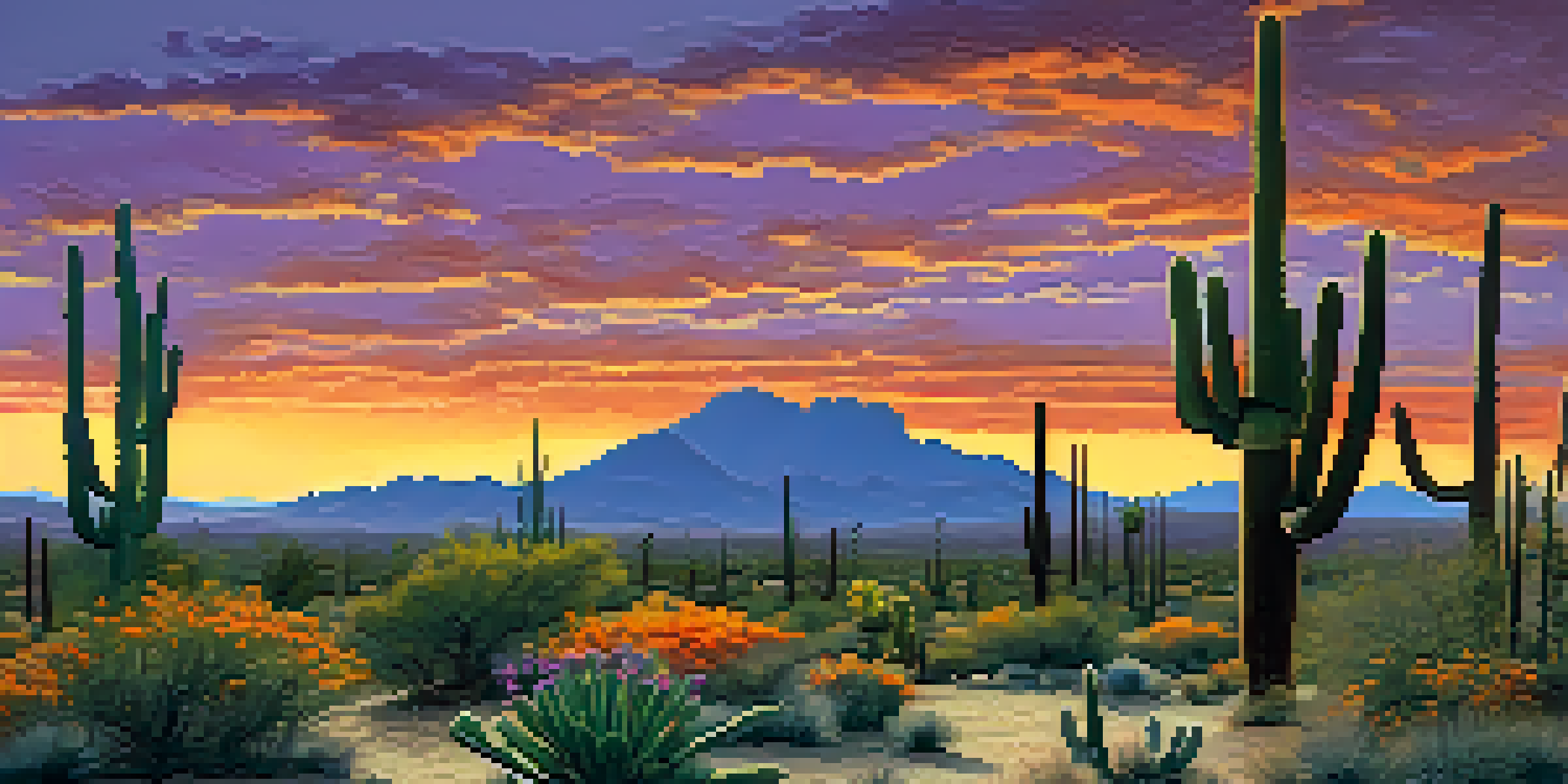 A scenic view of the Sonoran Desert at sunset with saguaro cacti and colorful sky.
