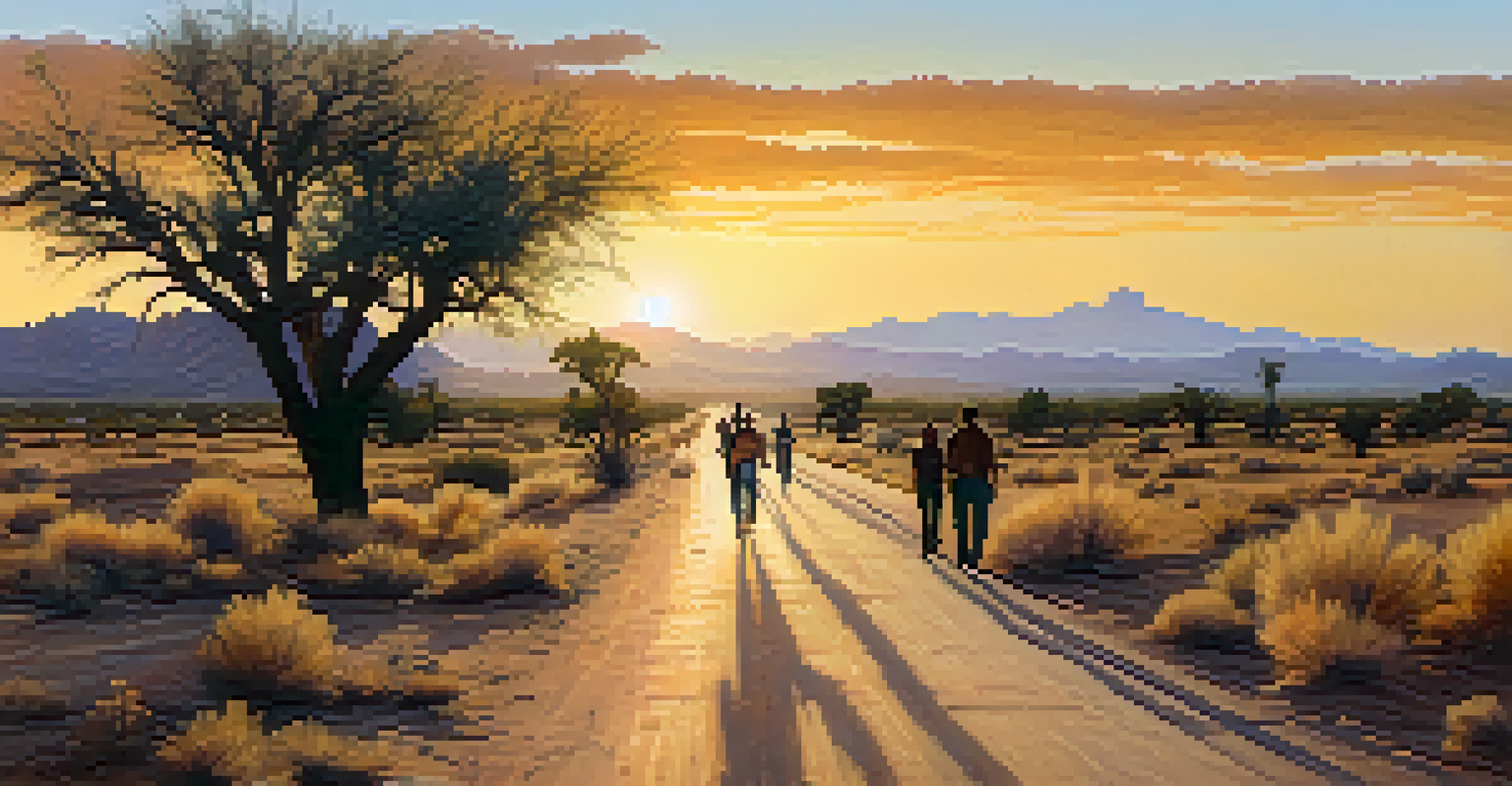 A peaceful Arizona rural landscape showing people walking towards a healthcare facility under a sunset sky.