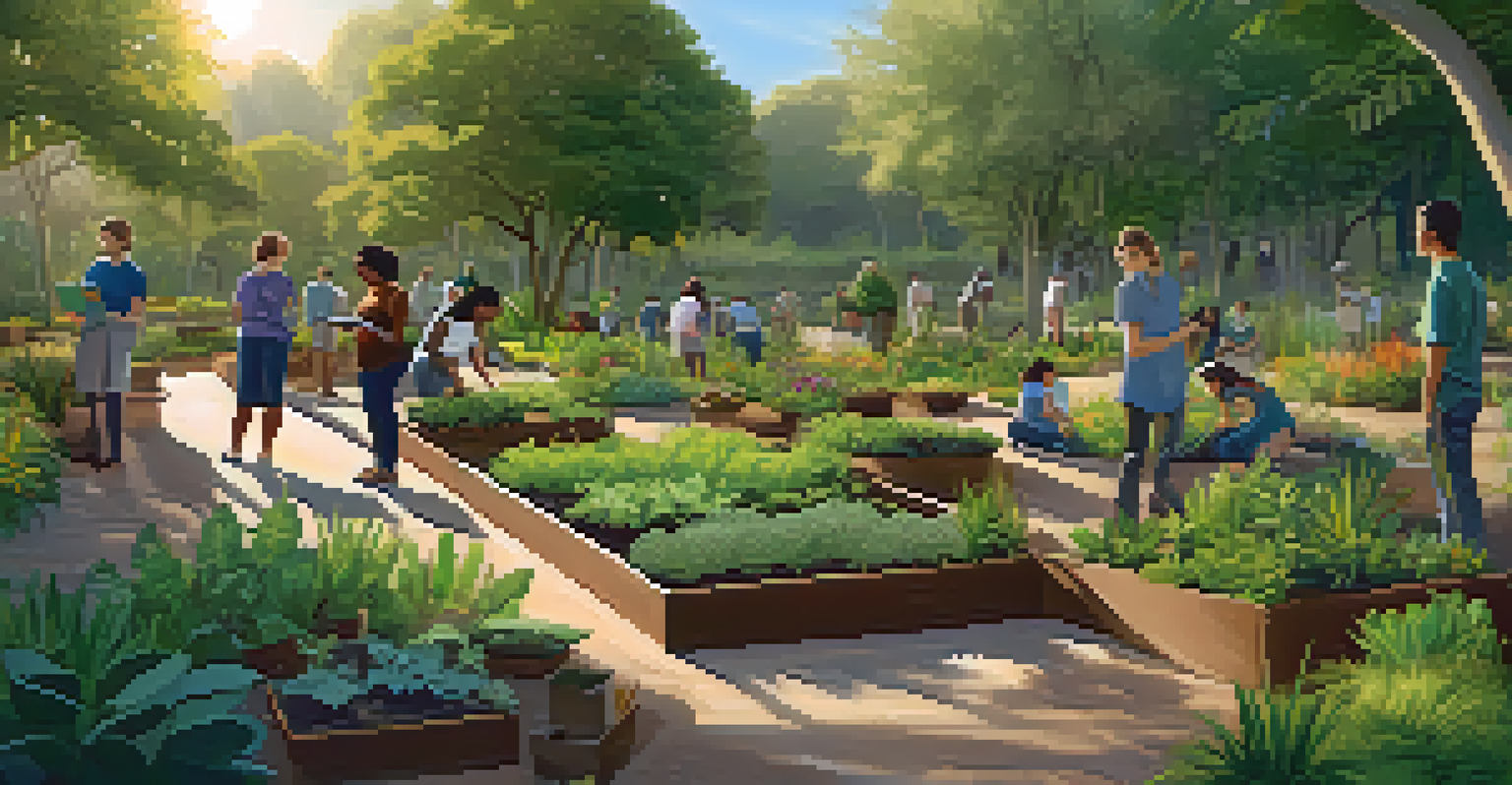 A diverse group of people participating in a hands-on planting workshop in a botanical garden, surrounded by native plants and educational signs.