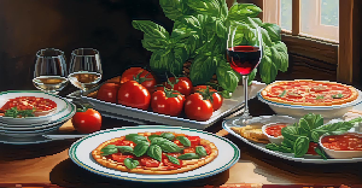 A rustic wooden table set for an Italian family meal featuring pizza, pasta, and wine.