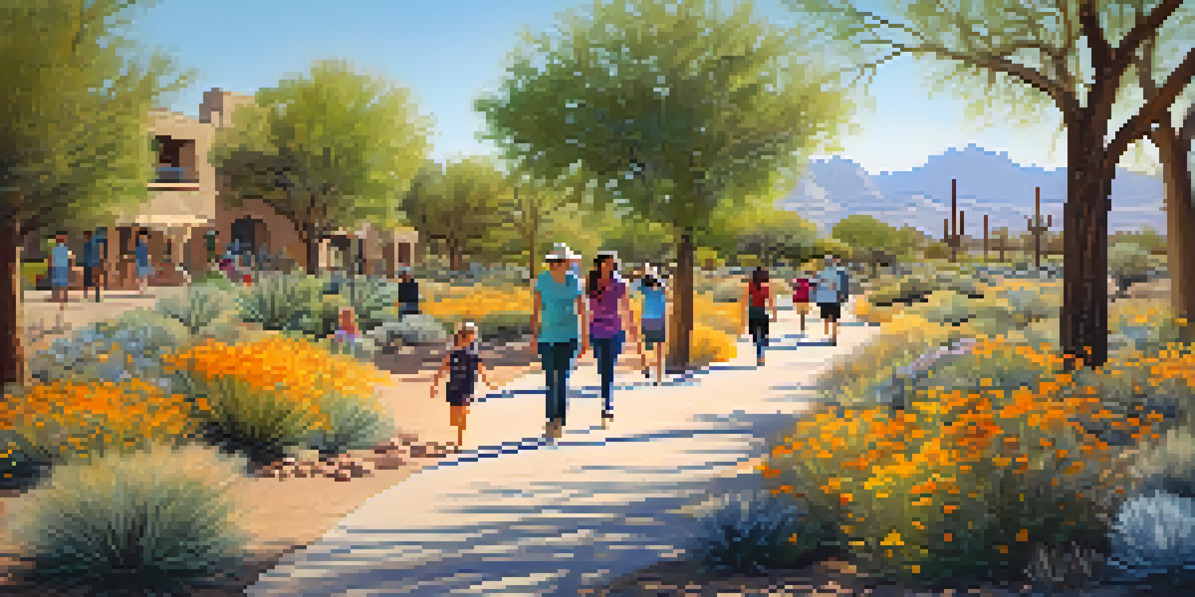 A sunny Arizona park scene with families and retirees enjoying the outdoors, surrounded by blooming desert flowers.
