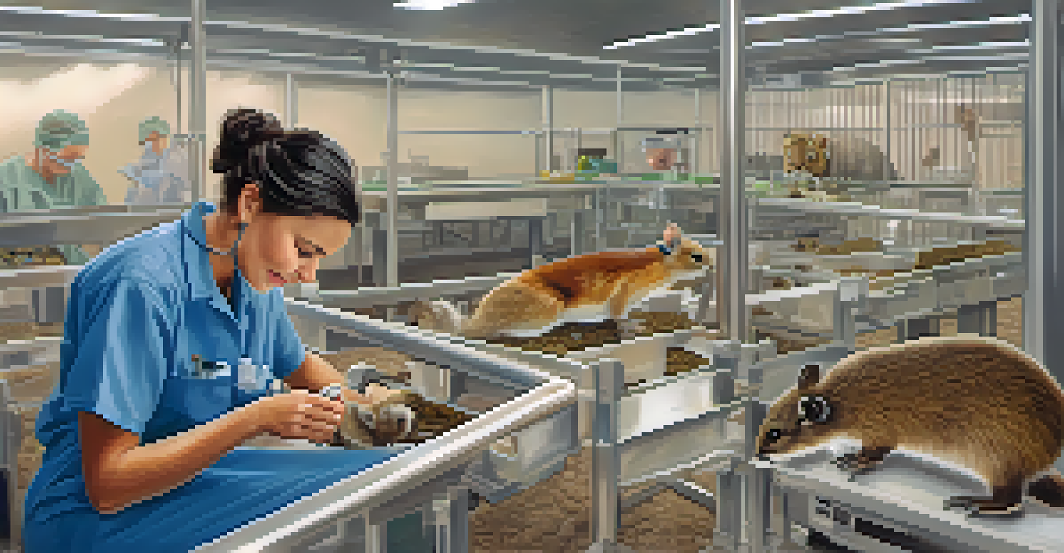 A wildlife rehabilitator caring for an injured small mammal in a treatment area, showcasing compassion and veterinary supplies.