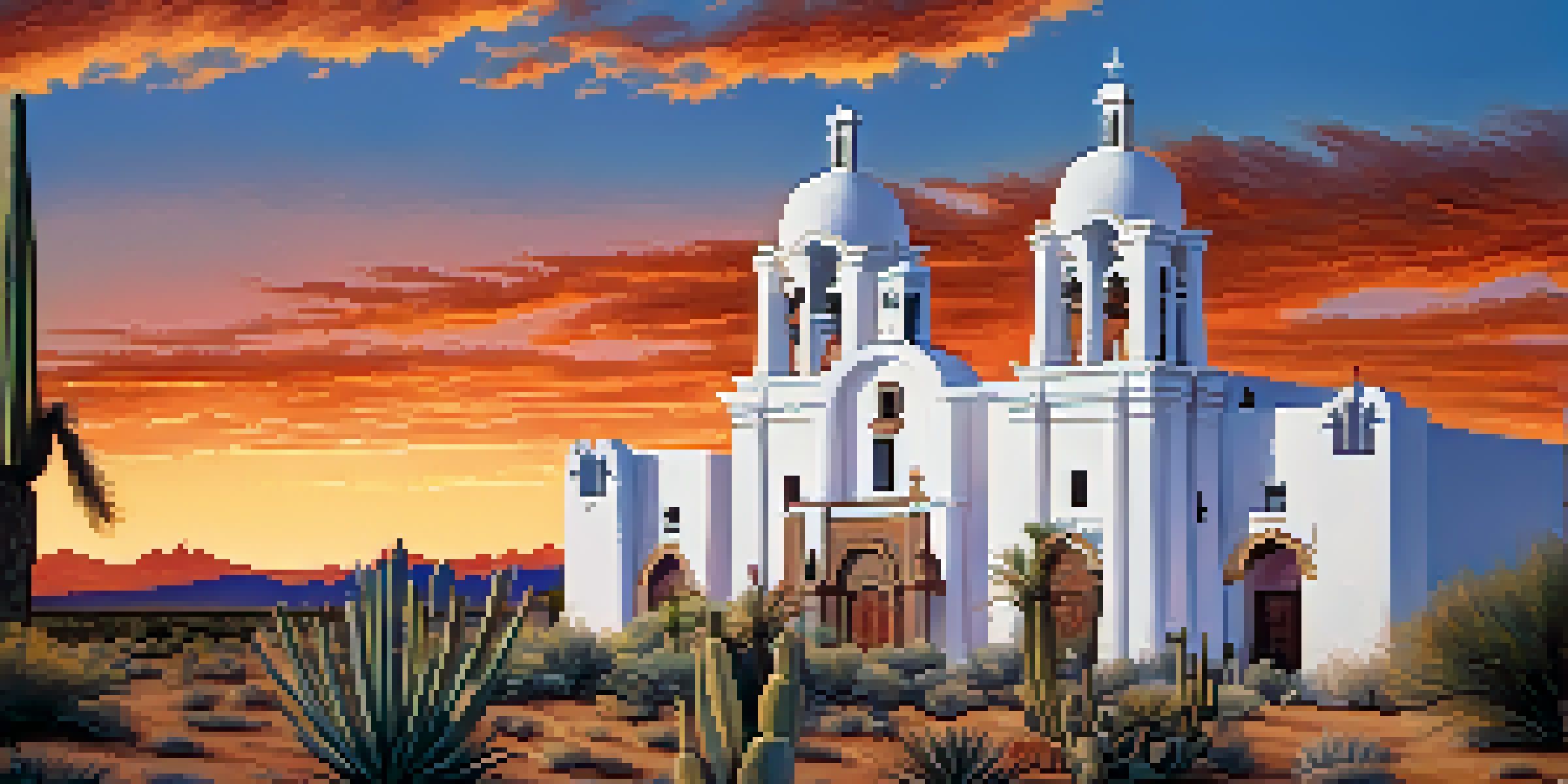 A picturesque view of Mission San Xavier del Bac during sunset, with local indigenous people participating in cultural practices.