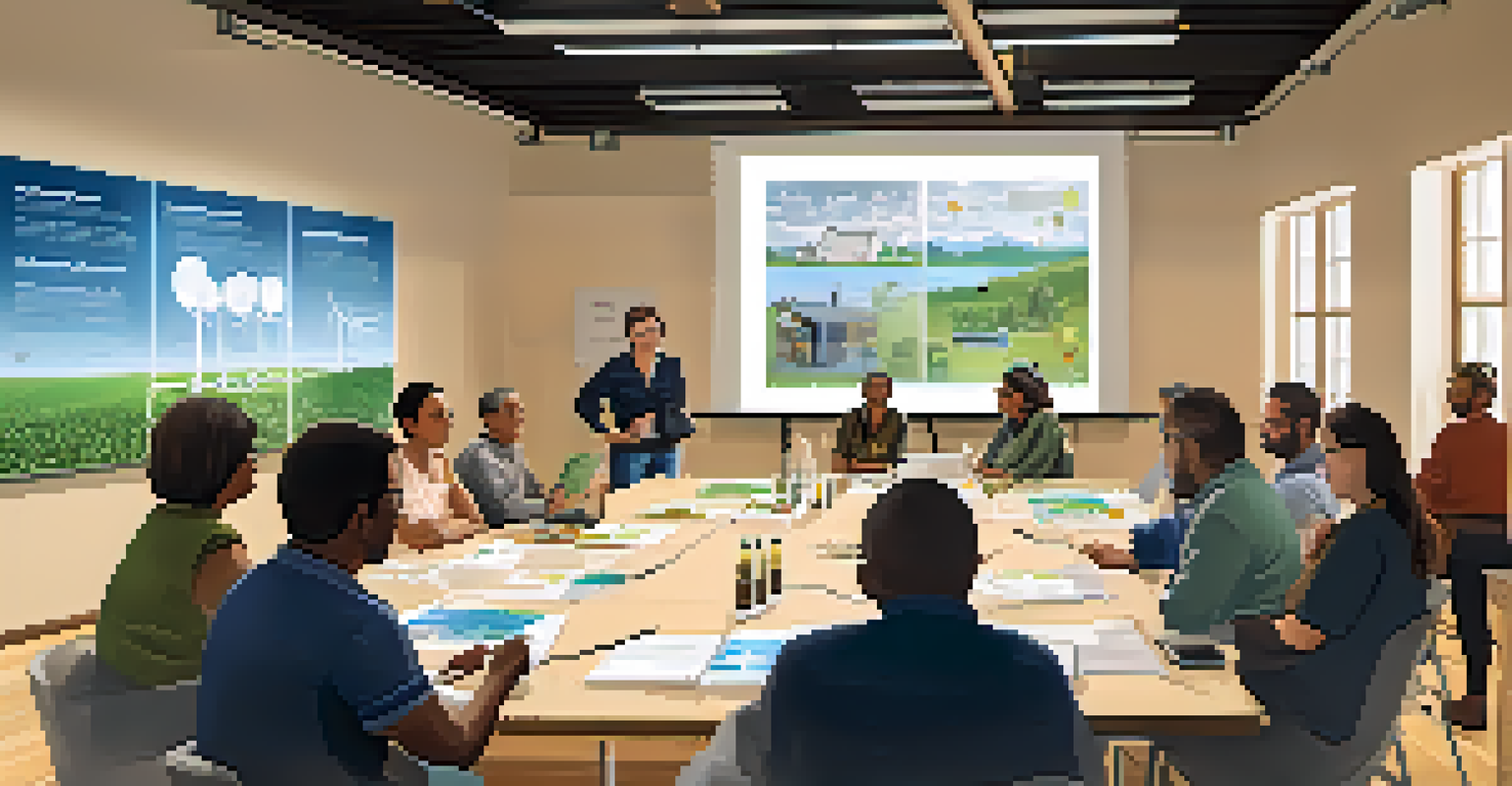 A community workshop with residents learning about renewable energy, featuring a presenter and informative posters on the walls.
