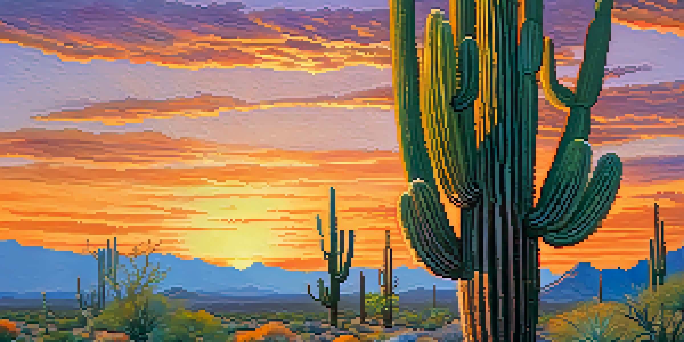 A tall Saguaro cactus silhouetted against a colorful sunset in the desert, with blooming wildflowers at its base.