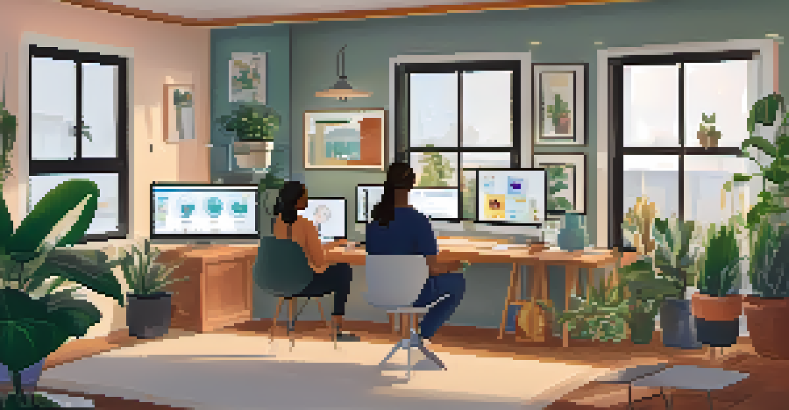 Diverse individuals participating in a virtual coding class from their home setups with multiple screens.