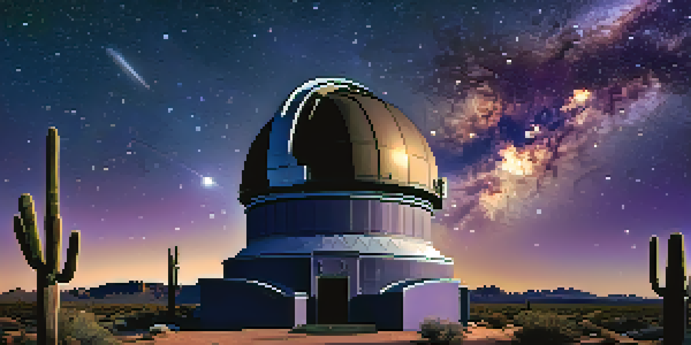 A clear Arizona night sky filled with stars and the Milky Way, with a silhouette of a telescope and desert landscape in the foreground.