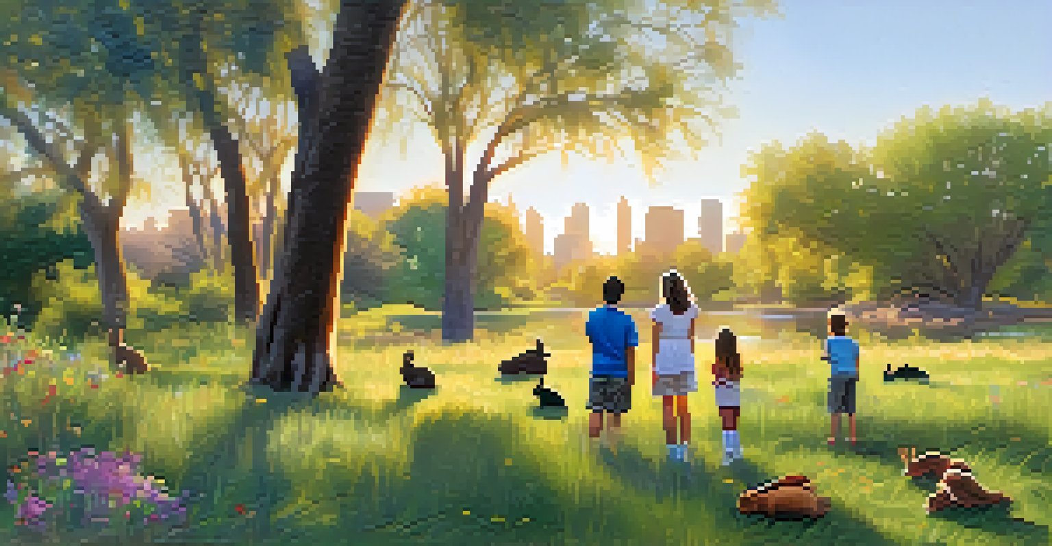 A family in a park watching rabbits graze on grass, surrounded by trees and flowers.