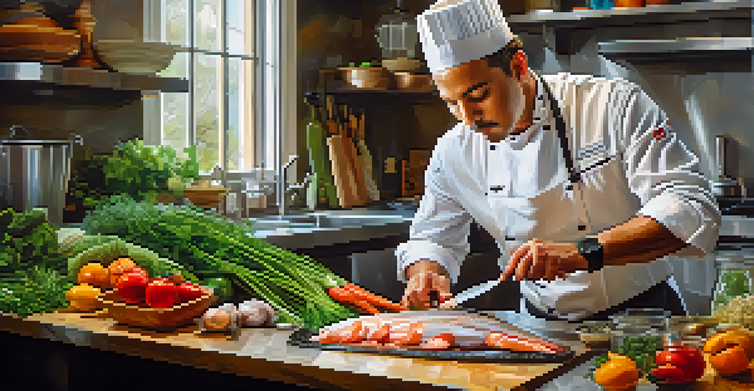 A chef in a bright kitchen preparing sustainable seafood, with fresh vegetables and herbs visible on the countertop.
