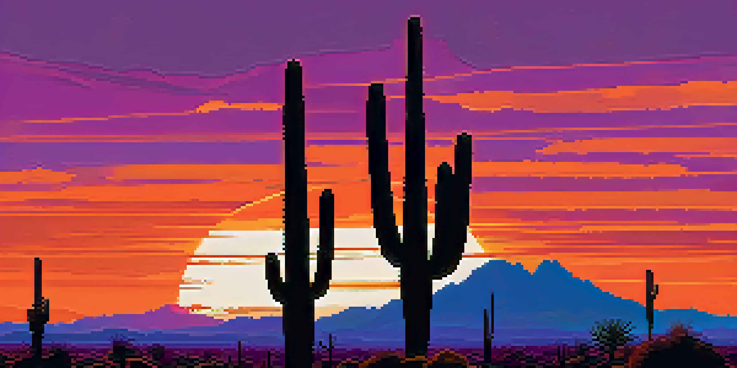 A panoramic view of the Arizona desert at sunset with vibrant orange and purple skies and silhouetted saguaro cacti.