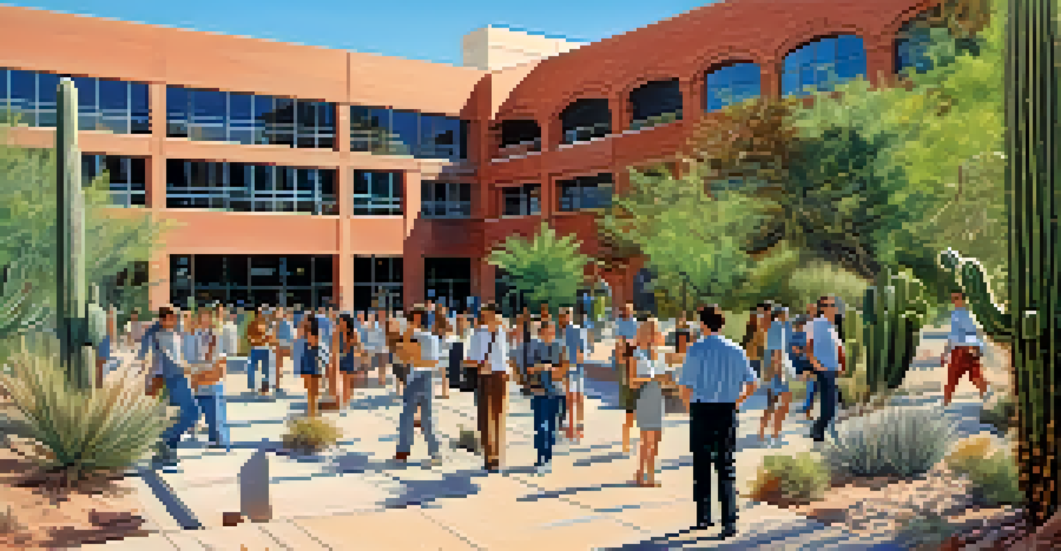 Students collaborating on healthcare projects at an Arizona university campus with cacti in the background.