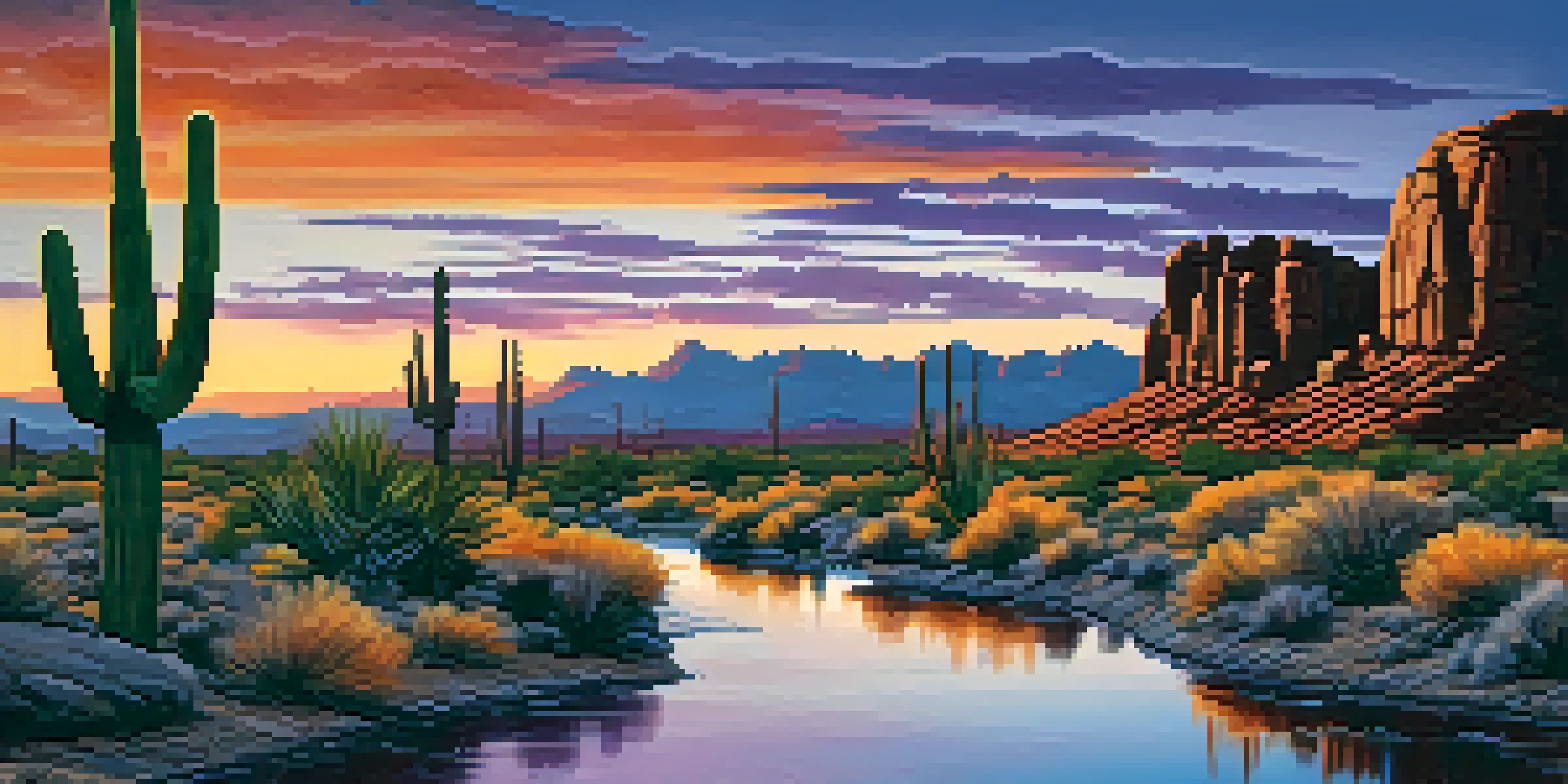 A sunset over Arizona's desert landscape with saguaro cacti and a river reflecting the vibrant colors of the sky.