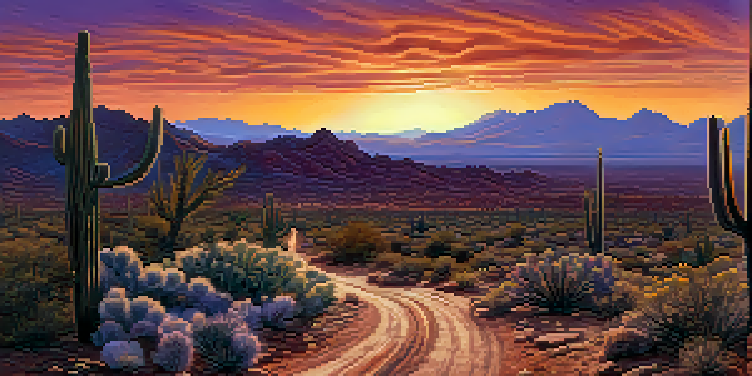 A panoramic view of the Arizona desert during sunset with cacti and a winding road.