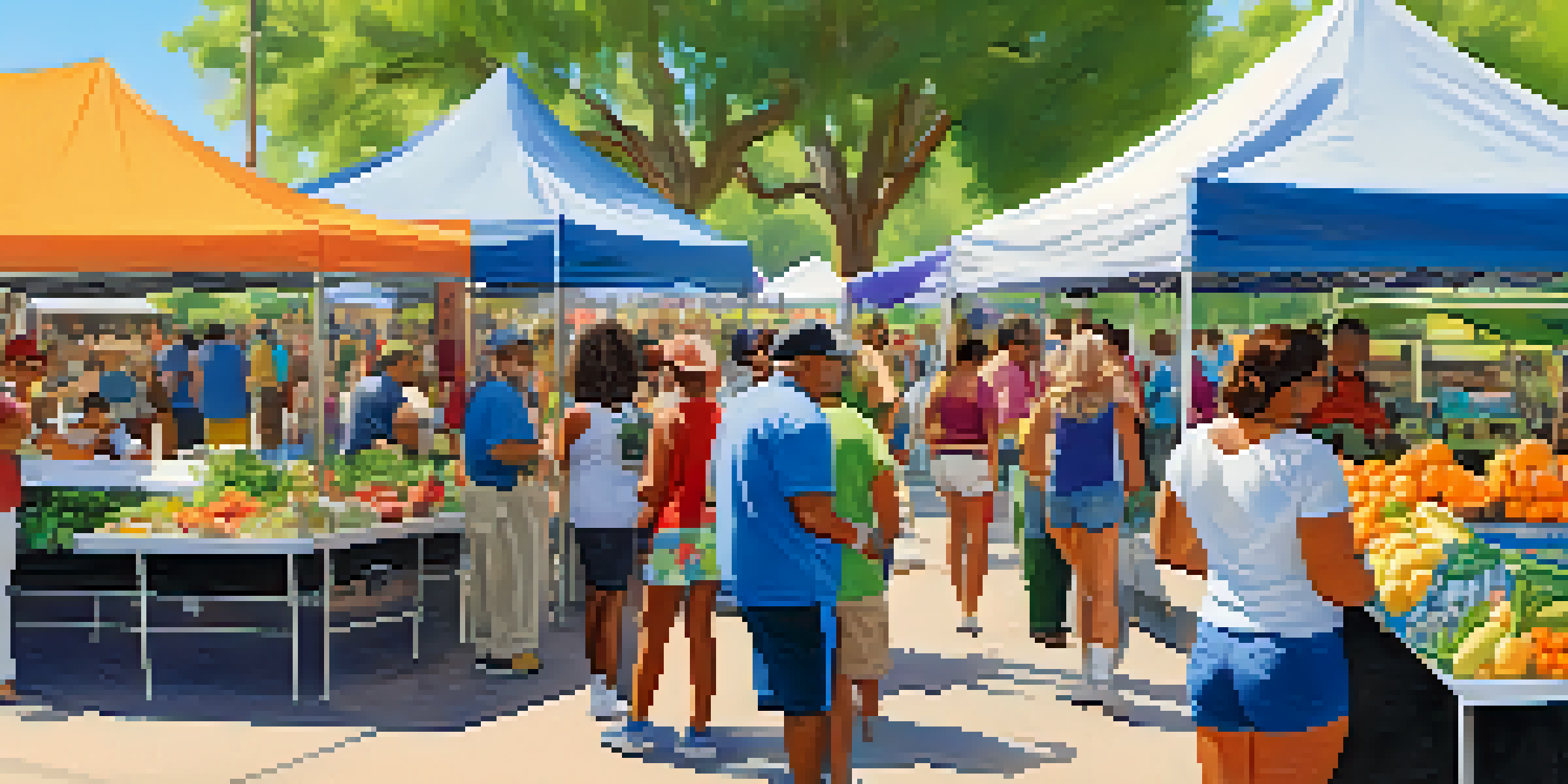 A lively community health fair in an Arizona park with colorful booths, families exercising, and a farmers' market with fresh produce under a sunny sky.