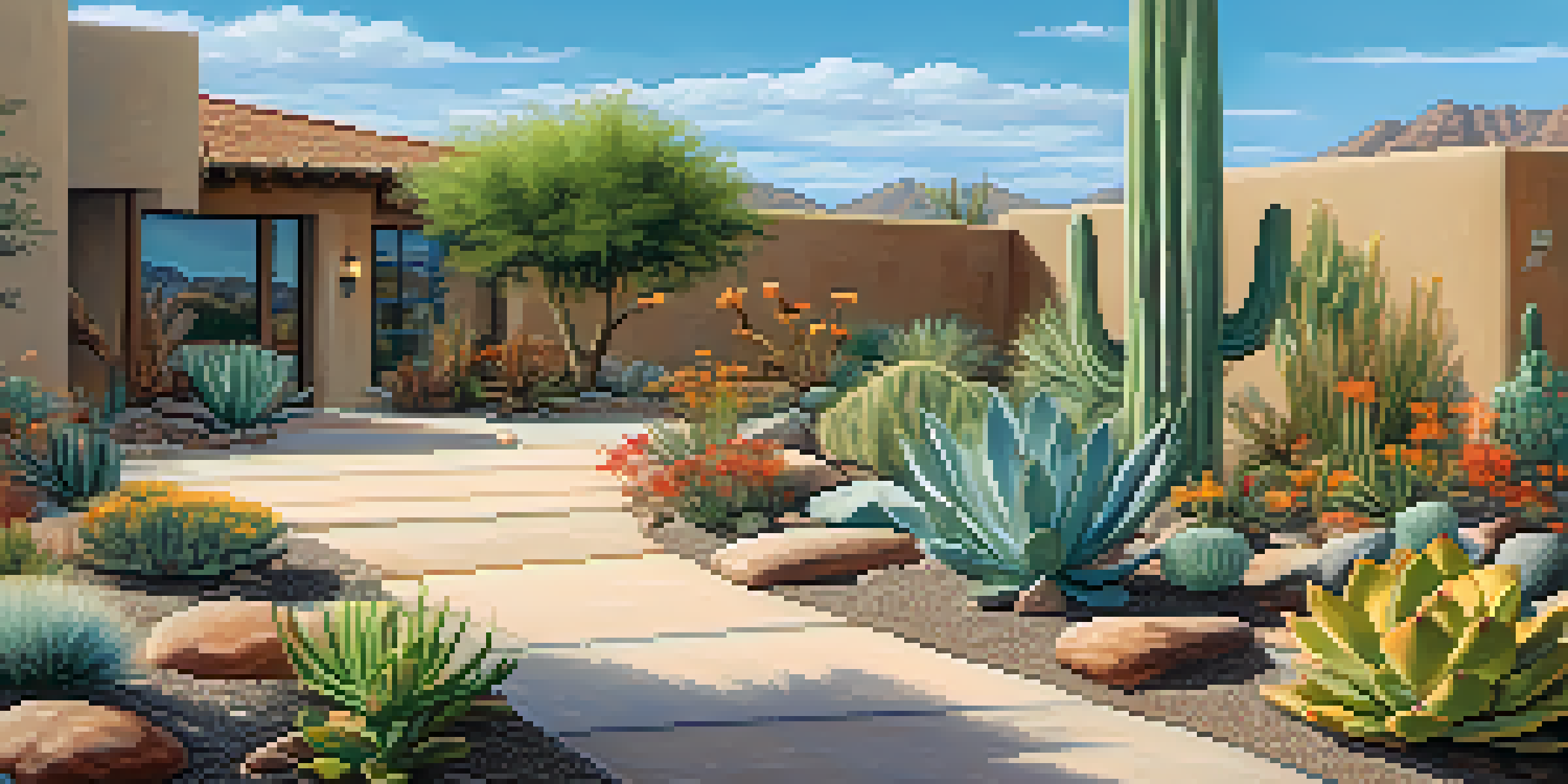 A xeriscaped garden in Arizona featuring native plants like cacti and succulents, with a rainwater harvesting barrel.
