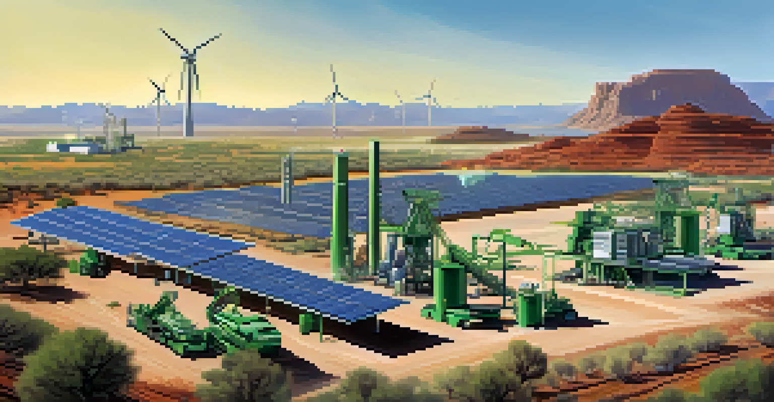 Futuristic mining operation in Arizona featuring renewable energy sources and modern machinery.