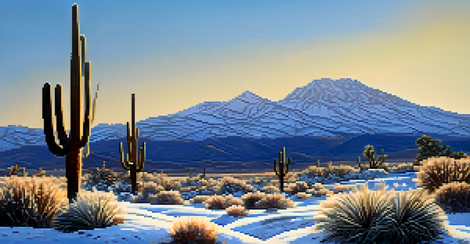 A snowy mountain landscape in Arizona with frosted cacti and a clear blue sky.