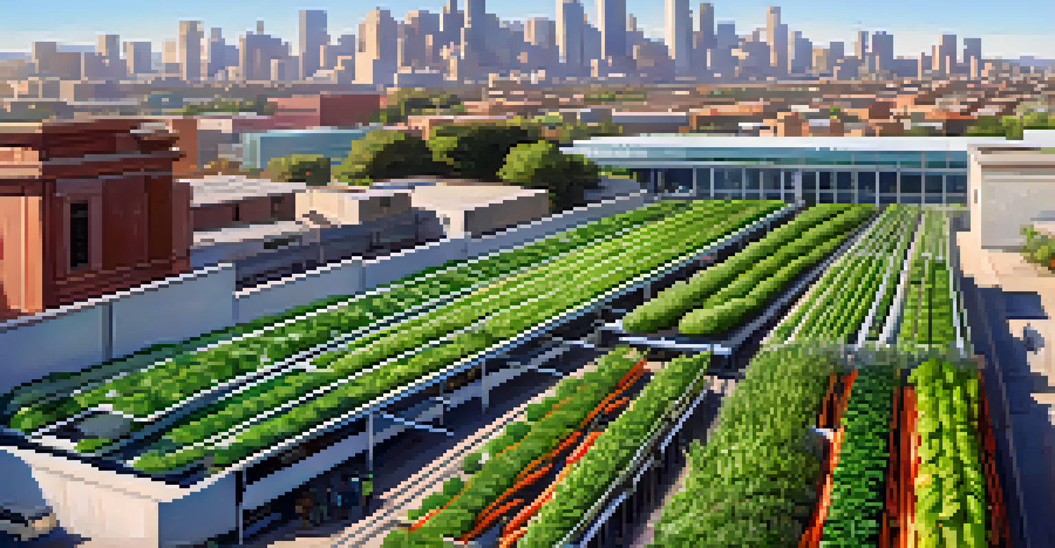Aerial view of an urban hydroponic farm on a rooftop in Arizona, filled with vibrant greens and vegetables against the city skyline.