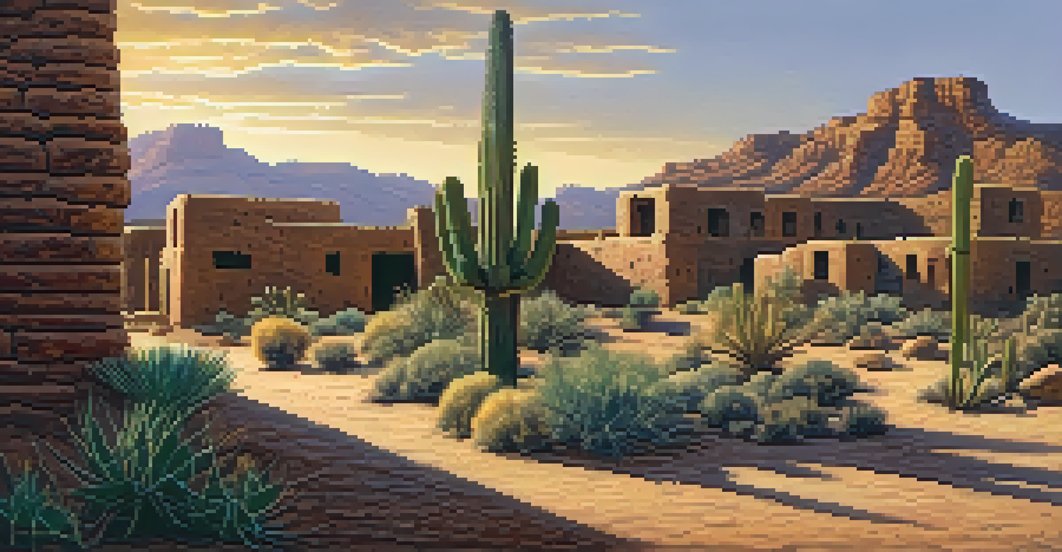 Ancient ruins of a Native American pueblo in Arizona at sunset, surrounded by desert plants.