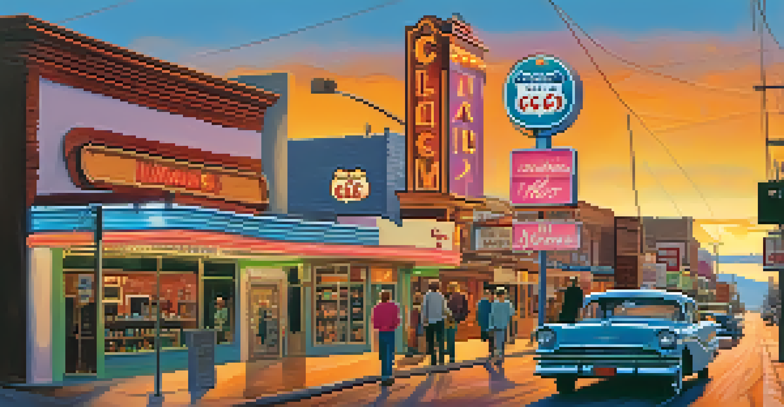 Williams, Arizona, featuring a vibrant main street with neon signs, shops, and a beautiful sunset sky.
