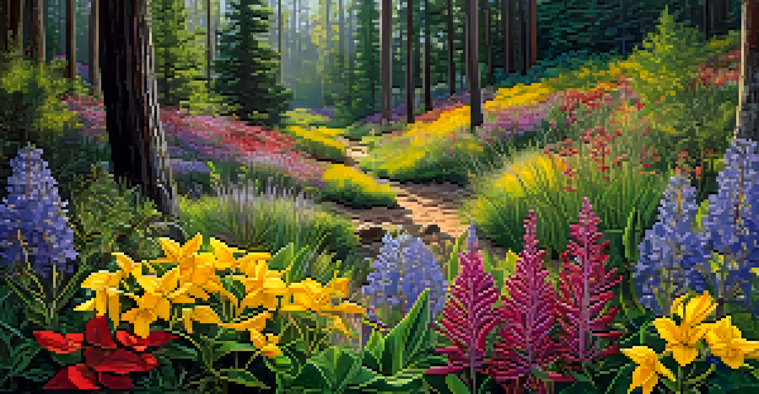 Close-up of colorful native Arizona wildflowers and plants in a sunny forest clearing, highlighting their vivid colors and textures.