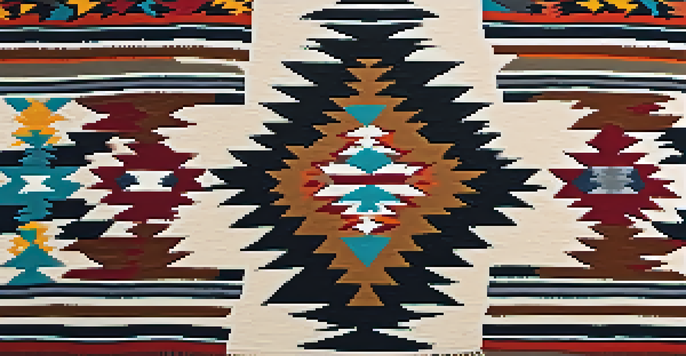 A detailed close-up of a Navajo rug featuring intricate patterns and vibrant colors, emphasizing its texture and craftsmanship.