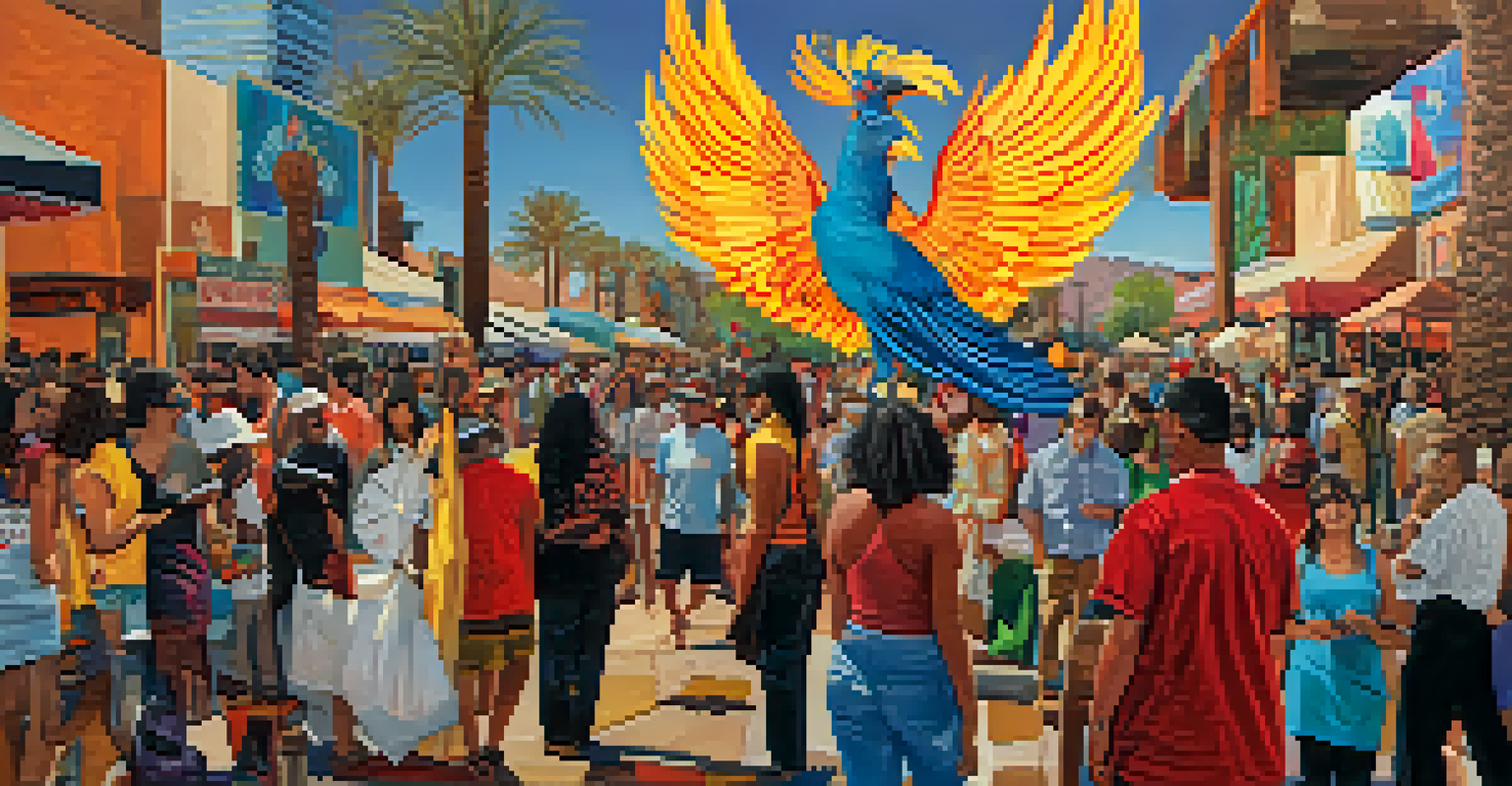 A colorful collage of local artists and performers displaying their art at the Phoenix Festival of the Arts, representing cultural diversity.