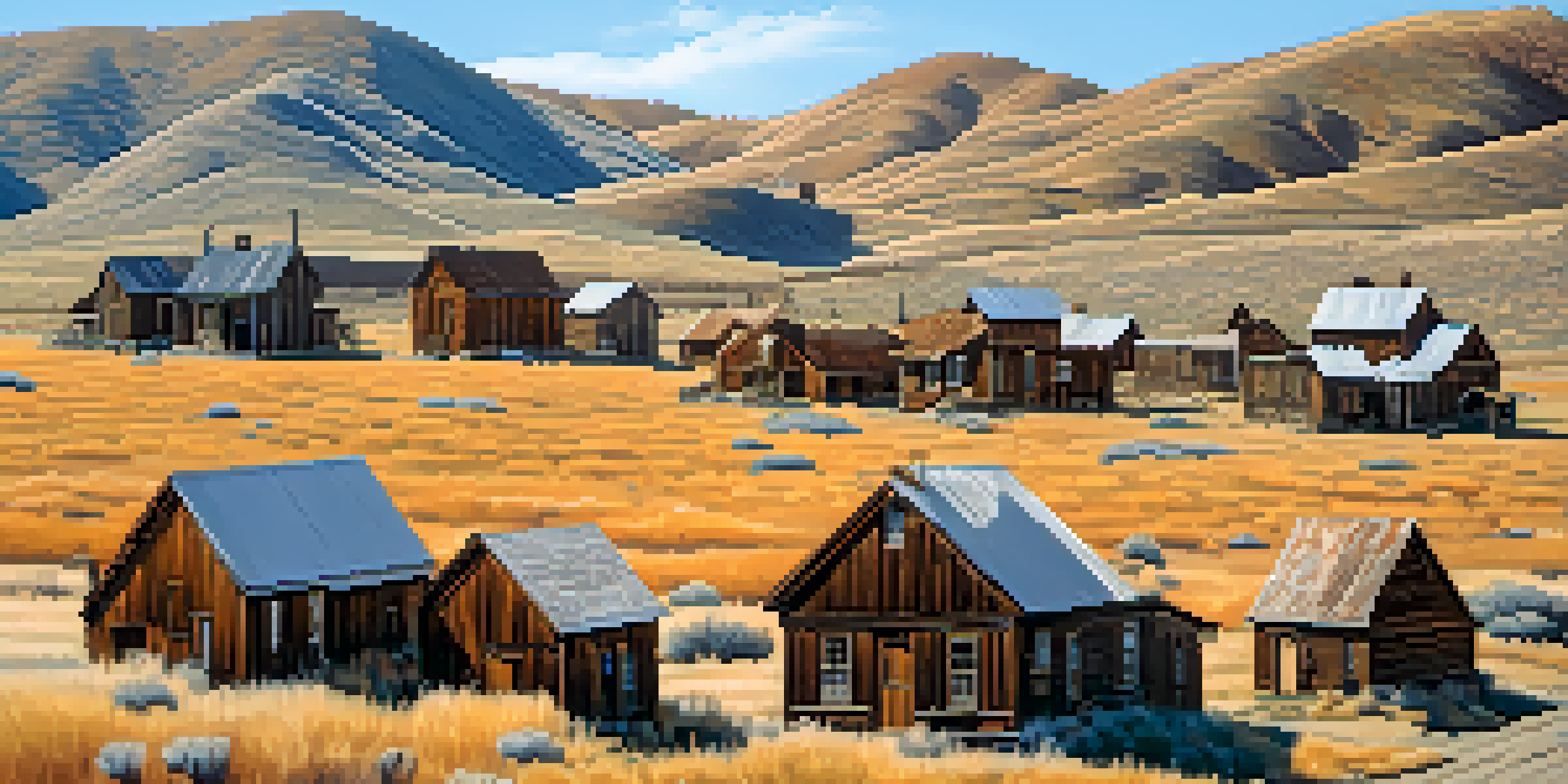 A historic ghost town with wooden buildings and dusty streets under a clear blue sky.
