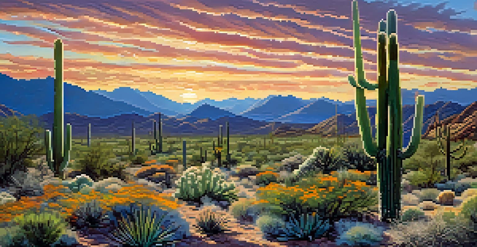 A landscape of Saguaro National Park with saguaro cacti and colorful wildflowers under a blue sky.