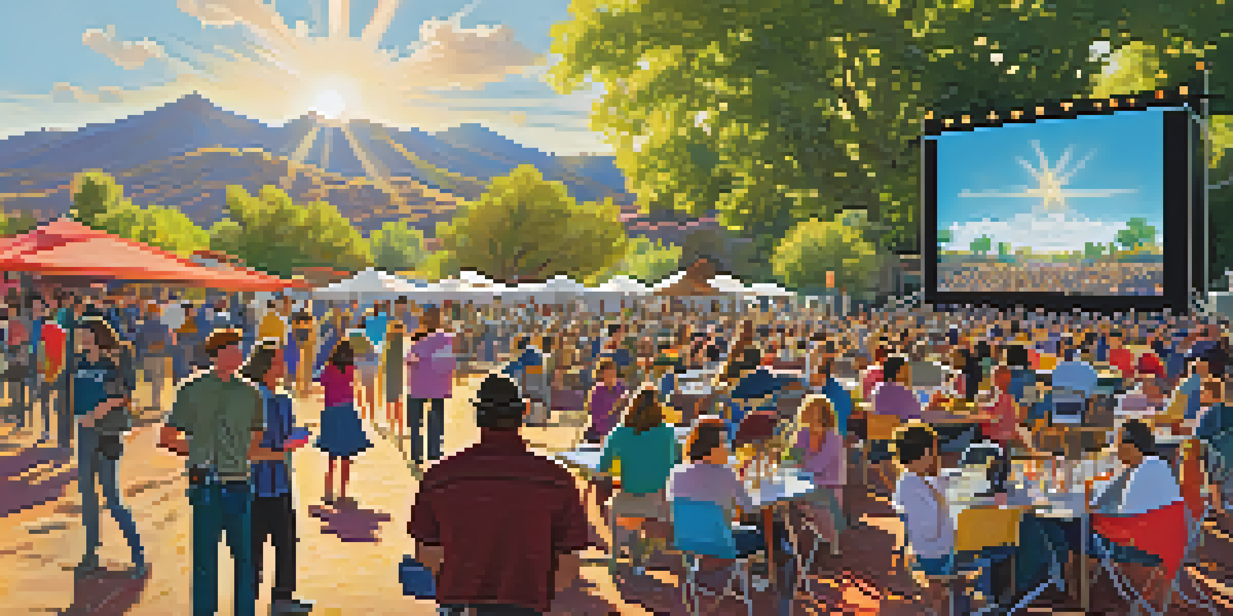 A lively film festival in Arizona with diverse attendees discussing films under bright banners and sunlight filtering through trees.
