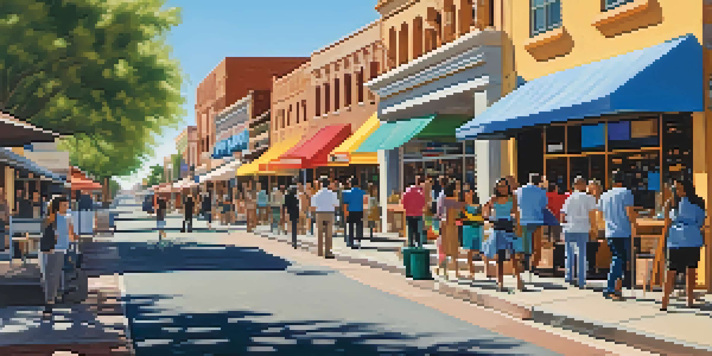 A bustling urban street in Arizona filled with diverse small businesses, colorful storefronts, and pedestrians under a bright blue sky.