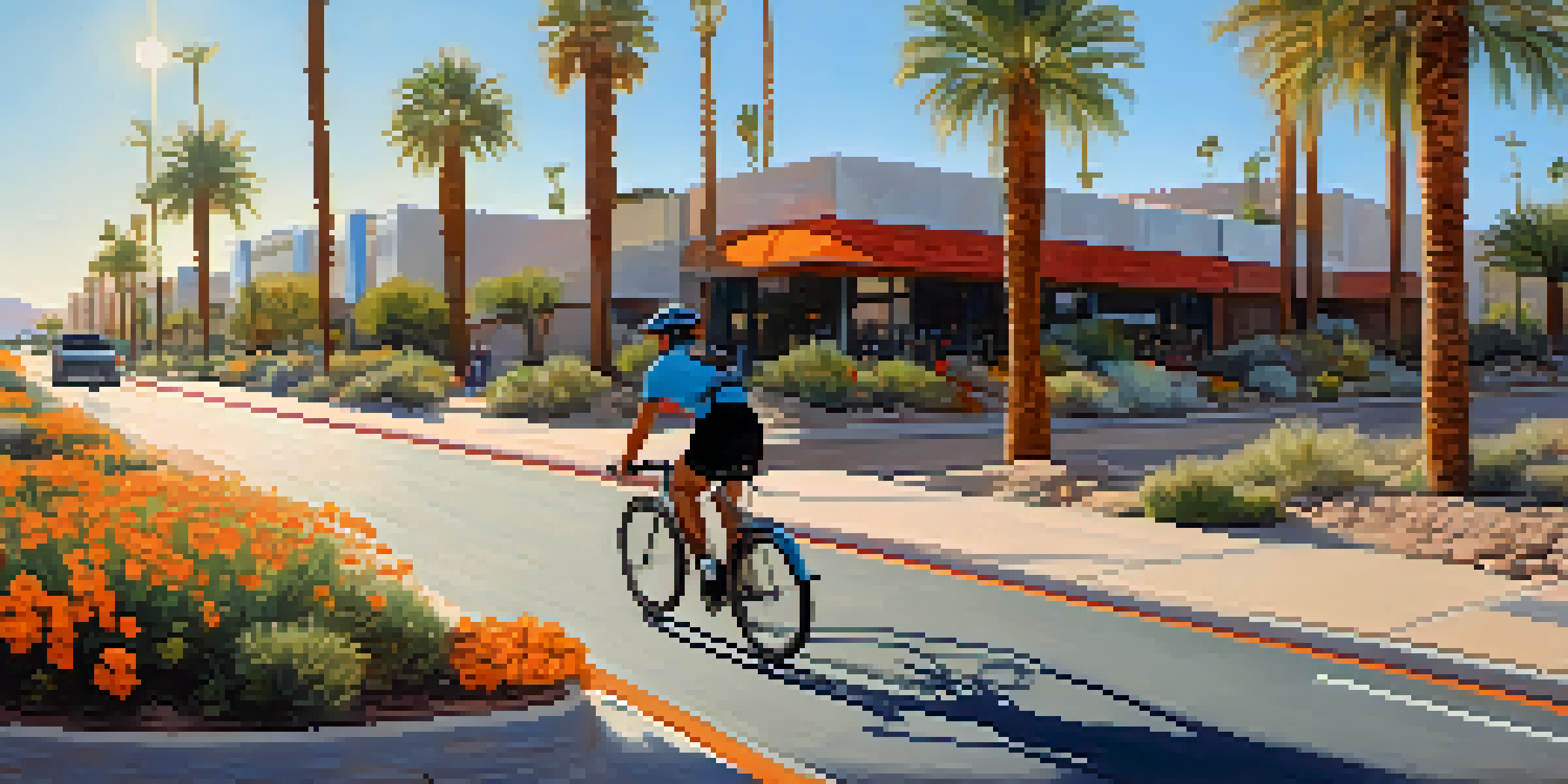 A cyclist riding through a bike lane in an urban Arizona setting, surrounded by flowers and palm trees under a clear blue sky.