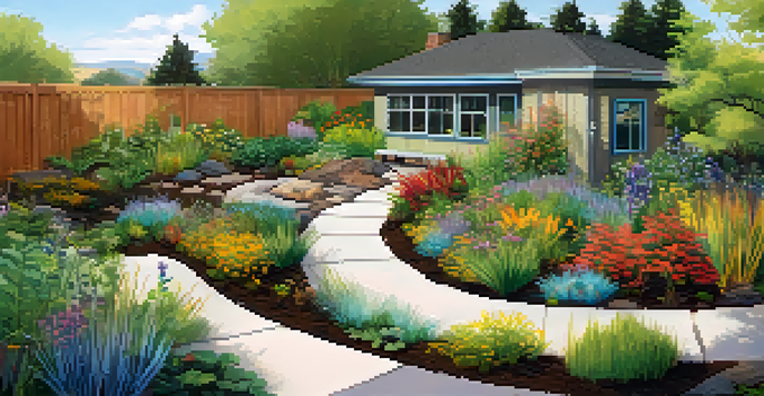 A sunny backyard featuring a colorful rain garden with native plants and a rainwater collection barrel under a clear blue sky.
