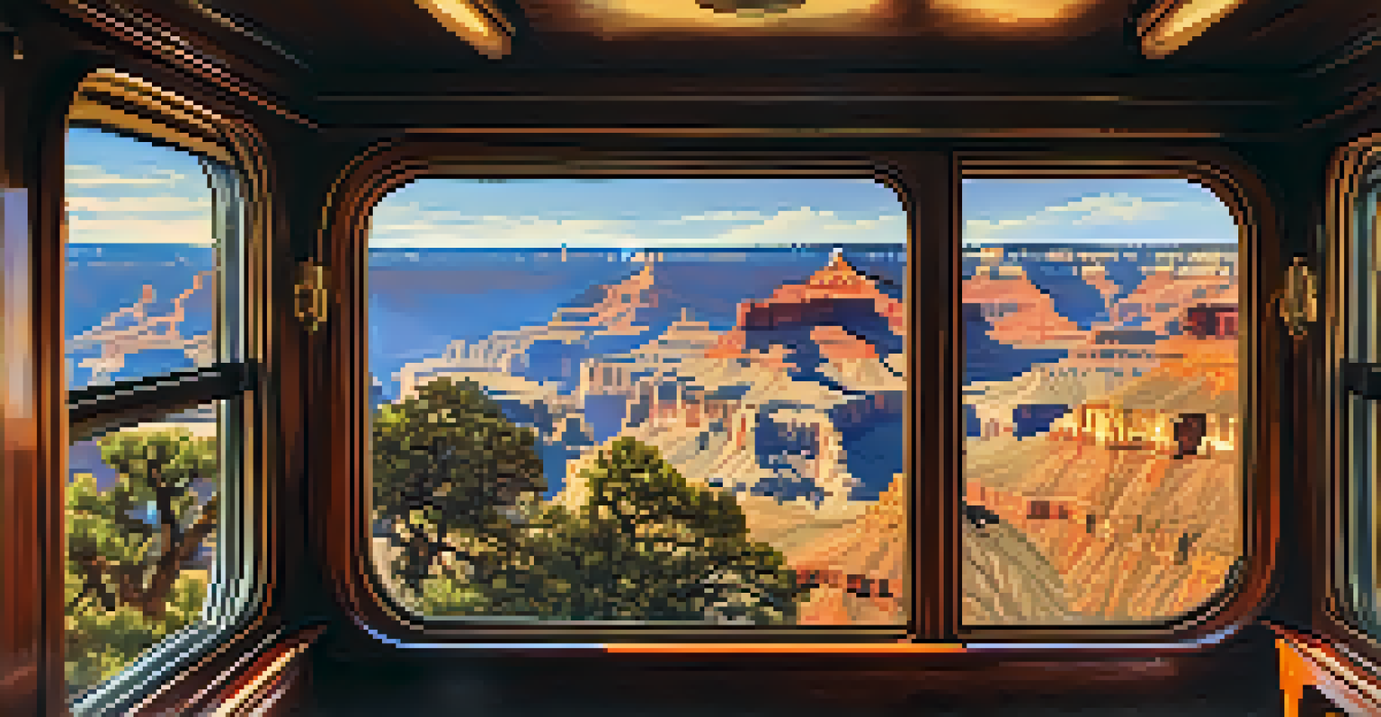Inside a vintage train carriage with passengers looking out at the Grand Canyon, bathed in warm light from the windows.