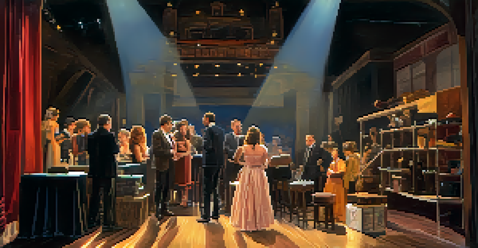 Actors backstage in costumes preparing for a theater performance, surrounded by props and stage lights.