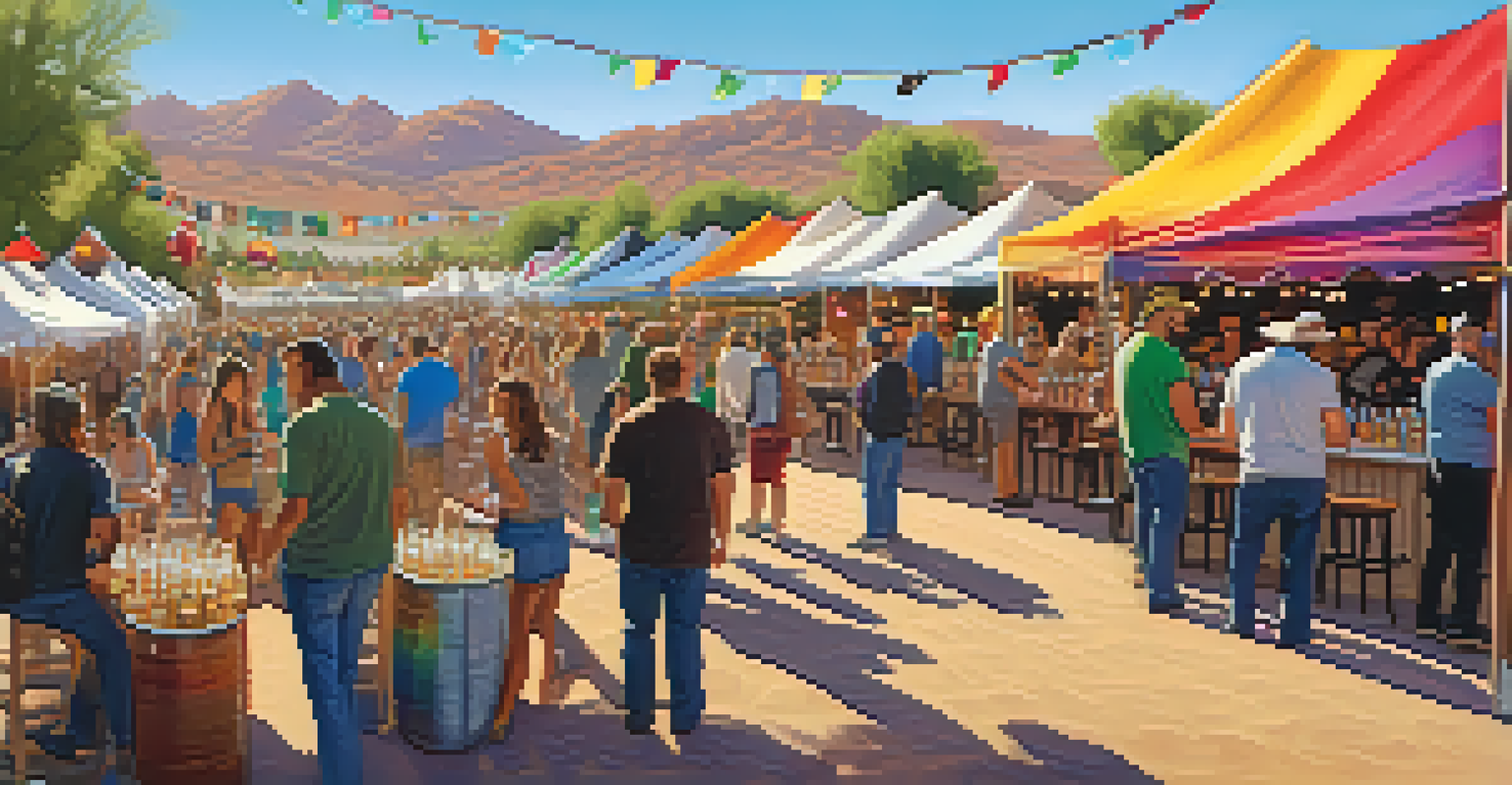 A vibrant craft beer festival with booths and attendees sampling beers, set against a colorful backdrop with desert scenery.