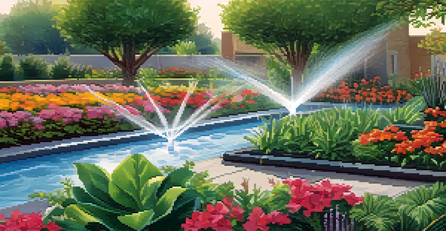 A detailed view of a smart irrigation system watering a garden, highlighting the technology and lush plants involved in water conservation efforts.