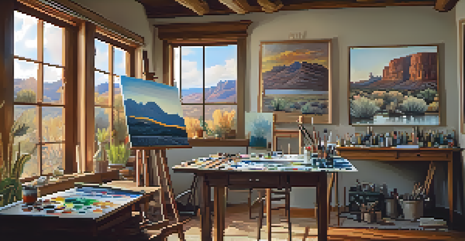 An artist's studio with natural light, featuring a vibrant landscape painting on an easel and art supplies on a wooden table.
