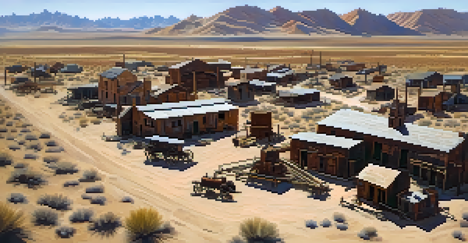 Aerial view of the abandoned Goldfield mining town in Arizona, with remnants of old buildings and mining equipment amidst desert terrain.