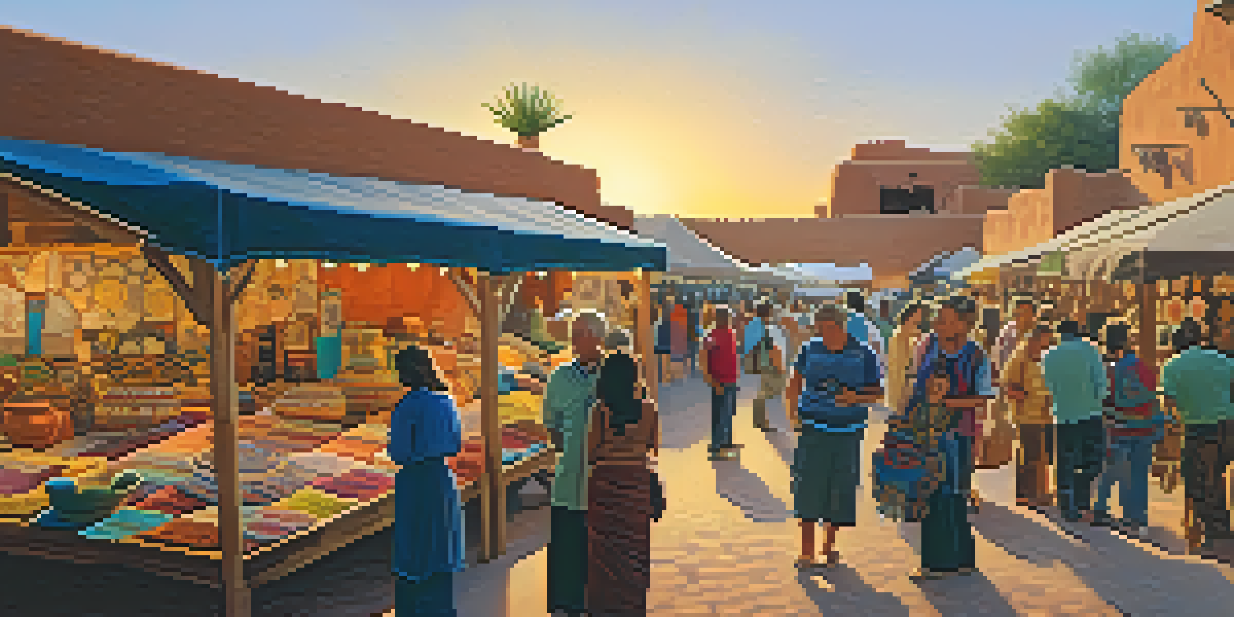 A lively artisan market in Arizona filled with colorful pottery and textiles, with various visitors exploring the handmade crafts under a sunset.