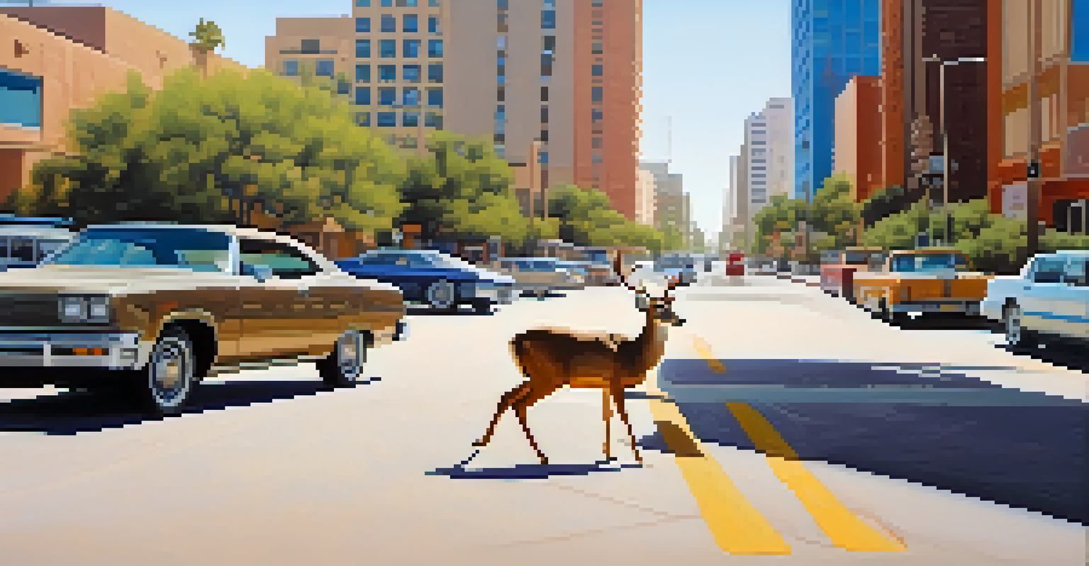 A deer crossing a busy street in an Arizona city, with cars and pedestrians observing the moment amidst modern buildings.