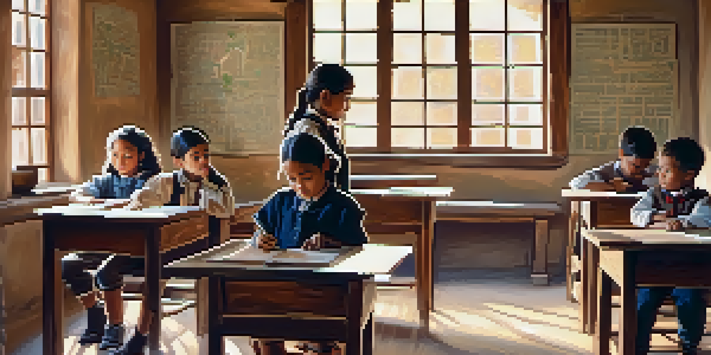 A vintage classroom with children learning in an adobe building, illuminated by warm sunlight.