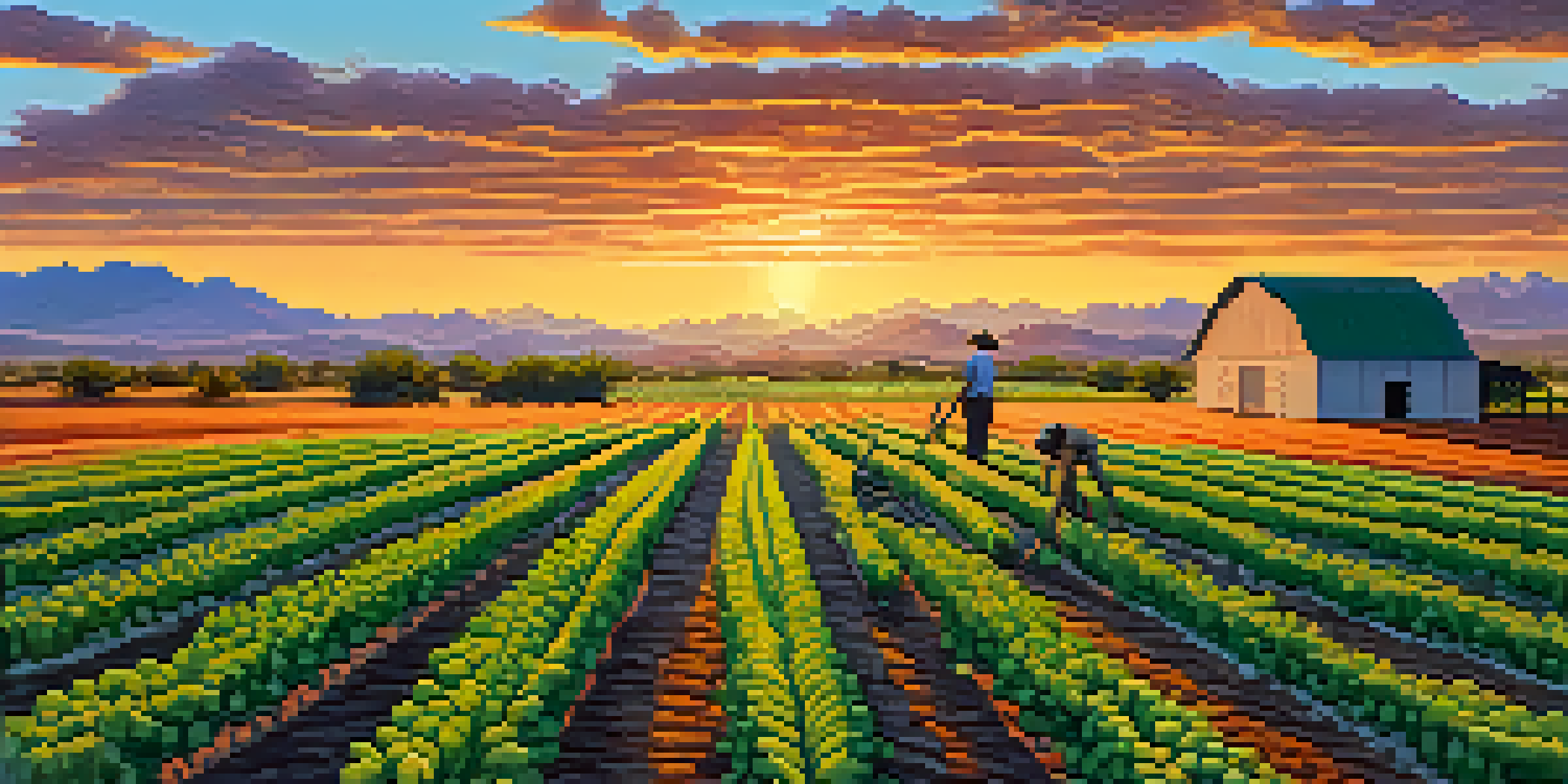 A scenic Arizona farm at sunset with diverse crops and a farmer using drip irrigation.