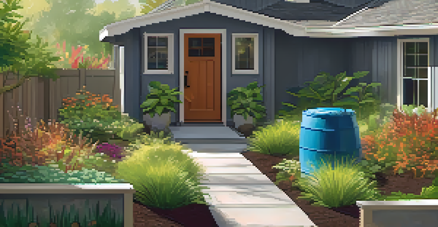 A backyard featuring a rainwater harvesting system with a rain barrel and a beautiful rain garden filled with native plants, in bright sunlight.